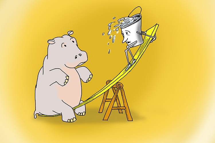 a hippo playing on a seesaw with a bucket of water